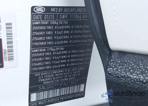 2015 Land Rover Range Rover 5.0L V8 Supercharged из США, поврежденный, VIN SALGS2TFXFA213537